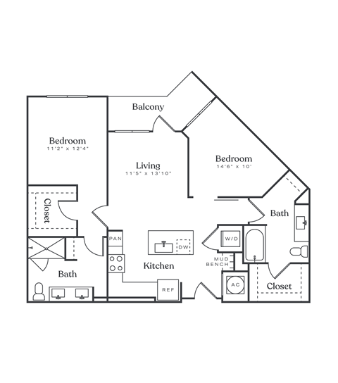 Floor plan for 2 beds, 2 baths, 1071 sqft
